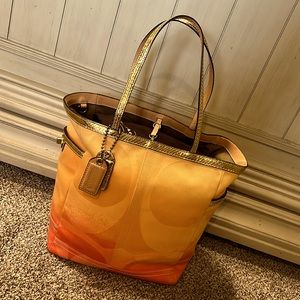 Coach Tote Bag Orange Yellow Ombre Reptile Gold Leather Handles and Accents